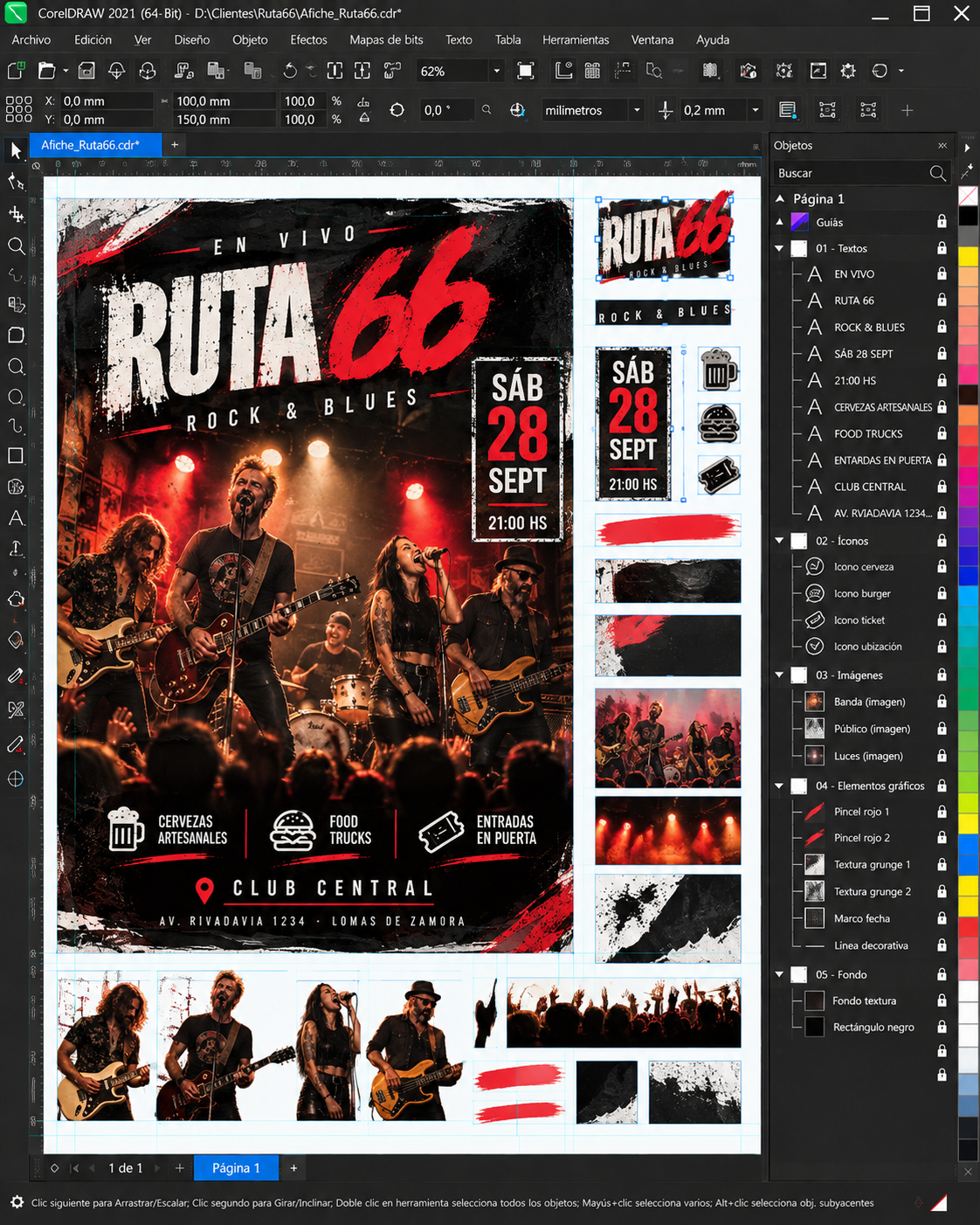 Póster Ruta 66: composición y piezas gráficas en CorelDRAW.