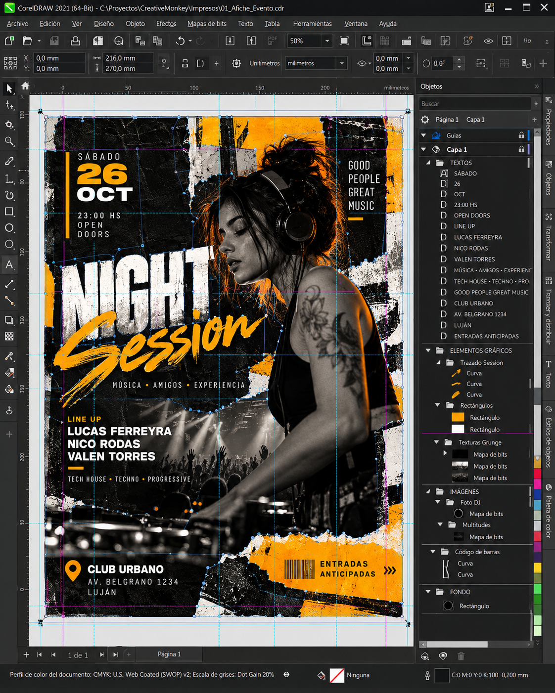 Afiche Night Session: edición y composición en CorelDRAW.