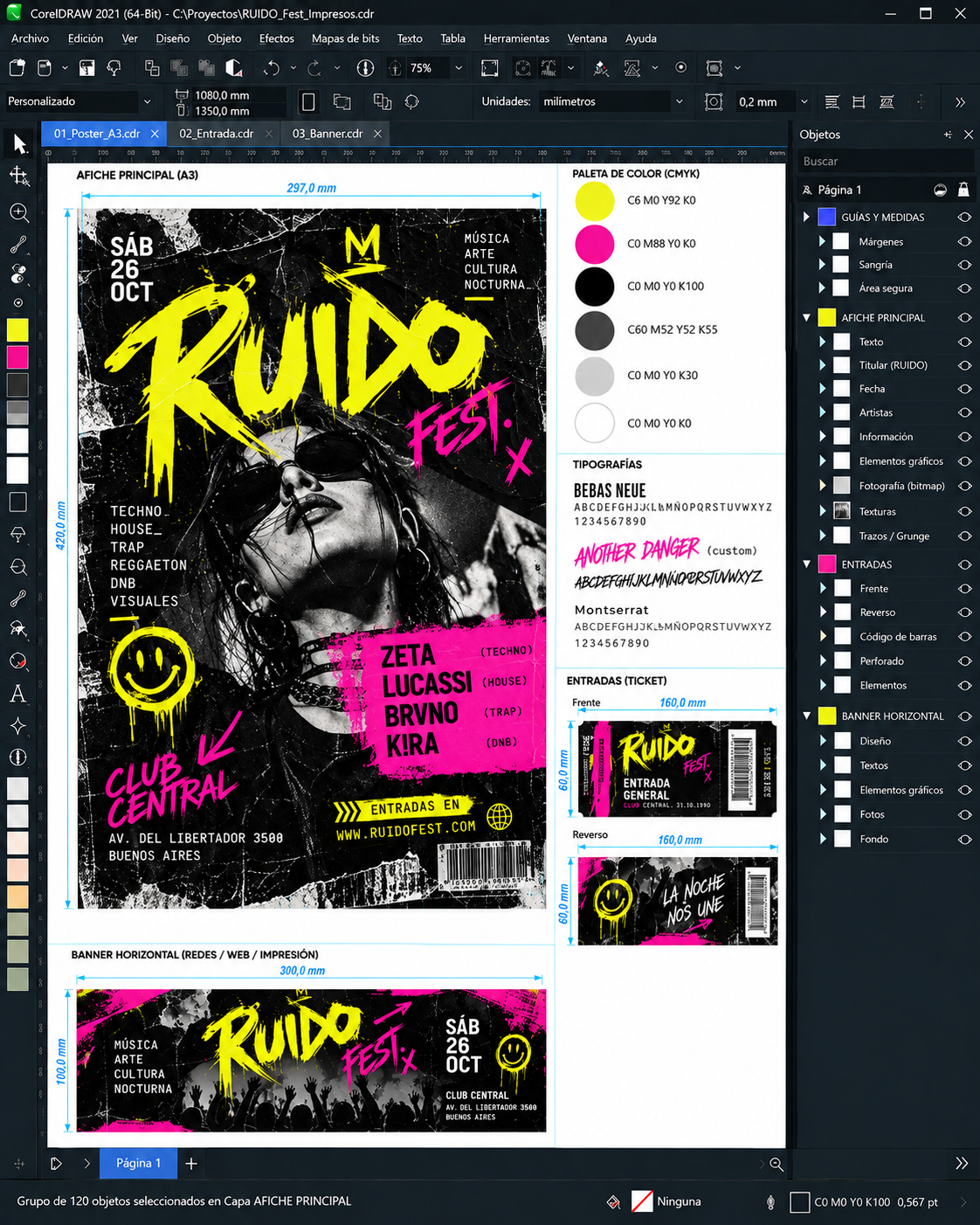 Ruido Fest: afiche y adaptaciones para el evento.